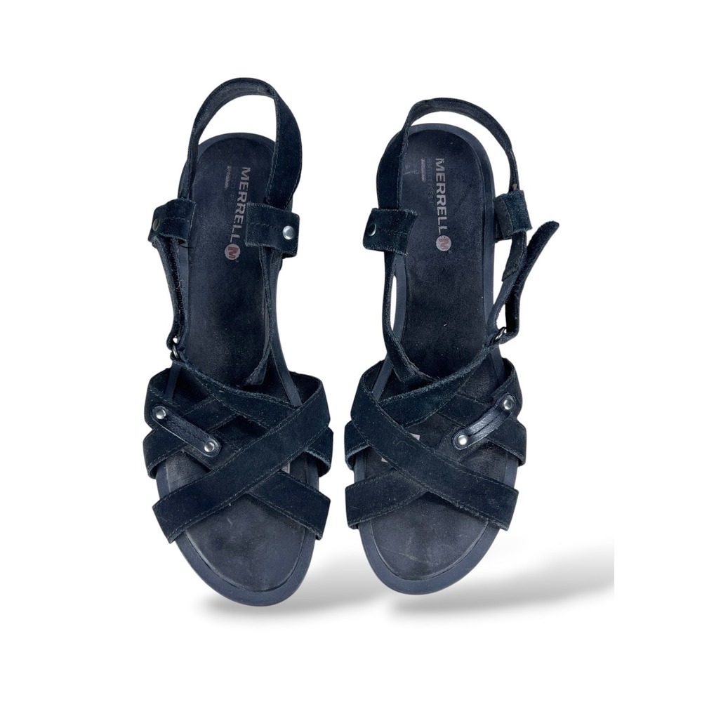 Merrell Black Suede Strappy Wedge Sandals Womens 11 M Select Grip Air Cushion